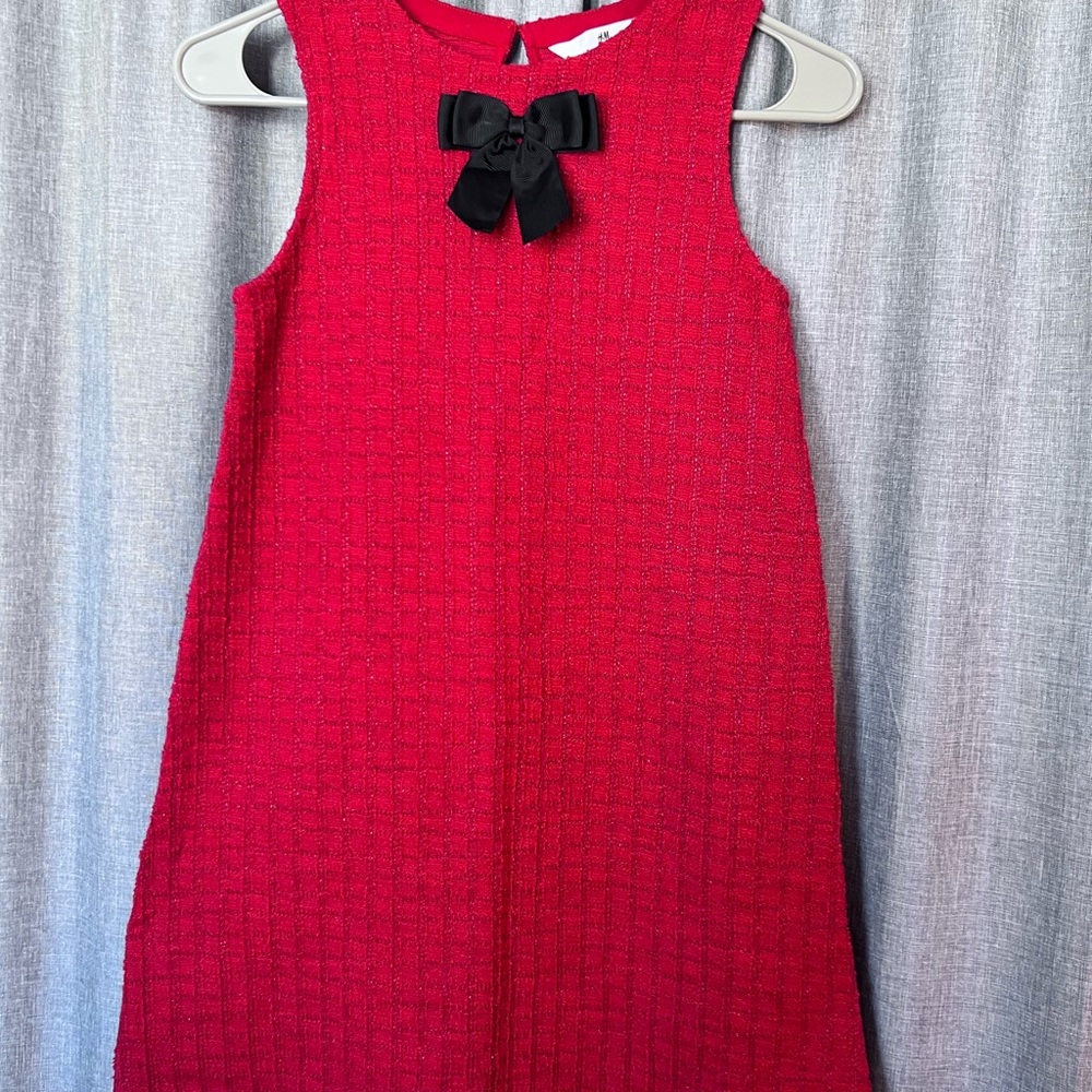 H&M Red Tweed Sleeveless Dress with Black Bow Accent